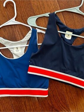 Tracksmith Blue and Navy Racerback Sports Bras with Red Stripe